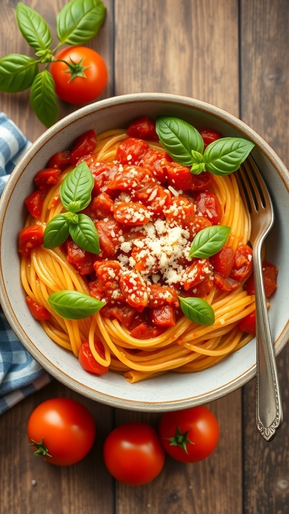 A bowl of tomato basil pasta with spaghetti, fresh tomatoes, and basil, garnished with Parmesan cheese on a wooden table.
